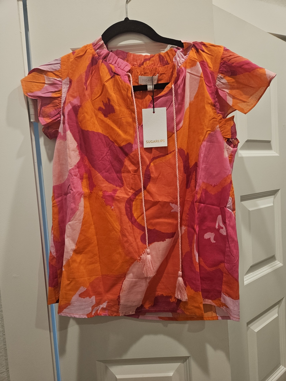 Sugarlips Pink & Orange Abstract Tie-Front Short Sleeve Blouse